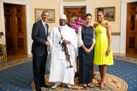 President Barack Obama and First Lady Michelle Obama greet His Excellency Yahya A.J.J. Jammeh, President of the Republic of The Gambia, and Mrs. Zineb Jammeh, in the Blue Room during a U.S.-Africa Leaders Summit dinner at the White House, Aug. 5, 2014. (Official White House Photo by Amanda Lucidon)