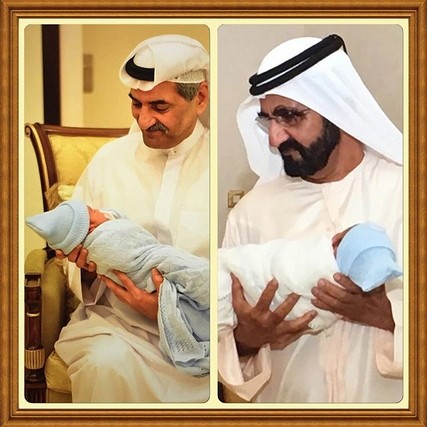 heikh Mohammed bin Rashid, Vice President and Ruler of Dubai, and Sheikh Hamad bin Mohammed Al Sharqi, Ruler of Fujairah, with the Royal baby. Courtesy: Sheikha Latifa bint Mohammed’s Instagram